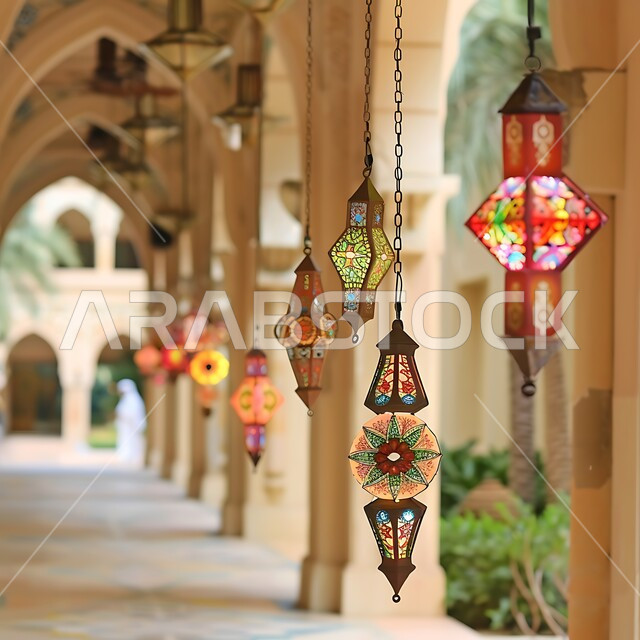 Distinctive antiques and accessories to celebrate the arrival of the month of goodness, hanging metal lamps in the spiritual Ramadan atmosphere, decorations and lights for the holy month of Ramadan, a group of traditional colorful illuminated Arabic lanterns
