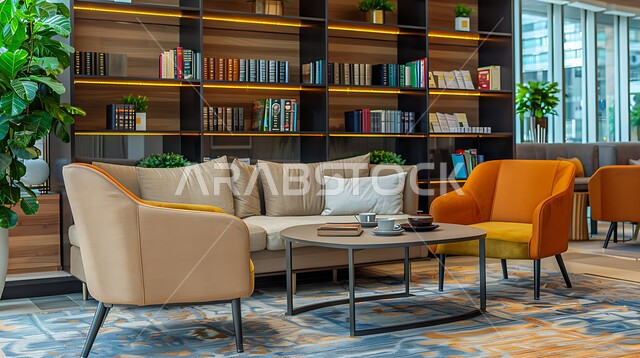 مكتبة كبيرة تحوي العديد من الكتب القيمة, الديكورات الداخلية المعاصرة في مكاتب السعودية, صالة أعمال أنيقة تتميز بمقاعد مريحة، الطاولة الخشبية المتوضعة في منتصف الغرفة،الزينة والاكسسوارات الراقية, الأضواء والألوان المريحة للنظر