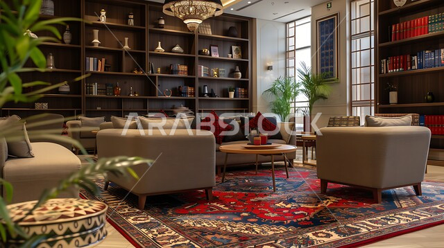 قاعة اجتماعات وأعمال أنيقة تتميز بمقاعد مريحة، الديكورات الداخلية المعاصرة في مكاتب السعودية, الطاولة الخشبية المتوضعة في منتصف الغرفة، الرفوف المكتبية التي تحوي العديد من الكتب القيمة, الزينة والاكسسوارات الراقية, الأضواء والألوان المريحة للنظر