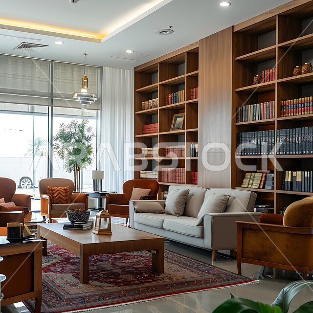 التصاميم الداخلية المعاصرة في مكاتب السعودية, صالة أعمال أنيقة تتميز بمقاعد مريحة، الطاولة الخشبية المتوضعة في منتصف الغرفة، الرفوف المكتبية التي تحوي العديد من الكتب القيمة, الزينة والاكسسوارات الراقية, الأضواء والألوان المريحة للنظر