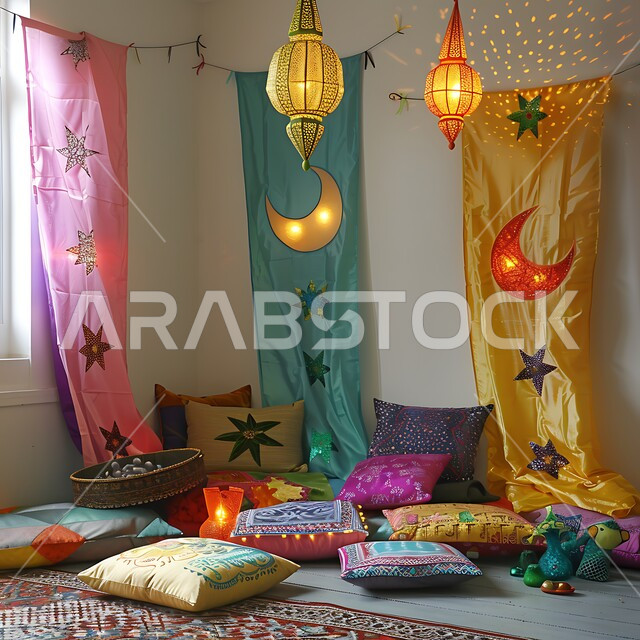 تزيين الغرف بتحف و اكسسوارات مميزة للاحتفال بقدوم شهر الخير, المصابيح المعدنية المعلقة في الأجواء الرمضانية الروحانية, زينة و أنوار شهر رمضان المبارك، مجموعة من الفوانيس العربية التقليدية الملونة المضيئة مع الهلال