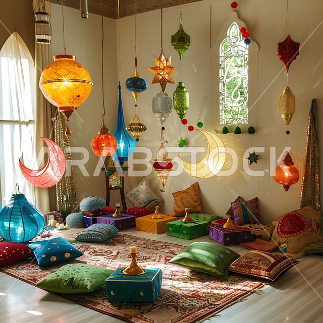 تزيين الغرف بتحف و اكسسوارات مميزة للاحتفال بقدوم شهر الخير, المصابيح المعدنية المعلقة في الأجواء الرمضانية الروحانية, زينة و أنوار شهر رمضان المبارك، مجموعة من الفوانيس العربية التقليدية الملونة المضيئة مع الهلال