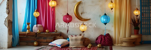 تزيين الغرف بتحف و اكسسوارات مميزة للاحتفال بقدوم شهر الخير, المصابيح المعدنية المعلقة في الأجواء الرمضانية الروحانية, زينة و أنوار شهر رمضان المبارك، مجموعة من الفوانيس العربية التقليدية الملونة المضيئة مع الهلال