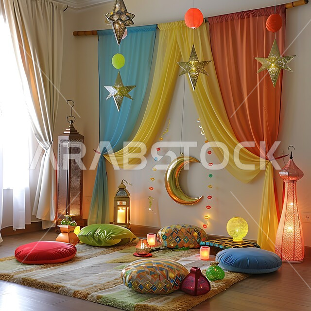 تزيين الغرف بتحف و اكسسوارات مميزة للاحتفال بقدوم شهر الخير, المصابيح المعدنية المعلقة في الأجواء الرمضانية الروحانية, زينة و أنوار شهر رمضان المبارك، مجموعة من الفوانيس العربية التقليدية الملونة المضيئة مع الهلال