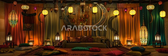 تزيين الغرف بتحف و اكسسوارات مميزة للاحتفال بقدوم شهر الخير, المصابيح المعدنية المعلقة في الأجواء الرمضانية الروحانية, زينة و أنوار شهر رمضان المبارك، مجموعة من الفوانيس العربية التقليدية الملونة المضيئة مع الهلال