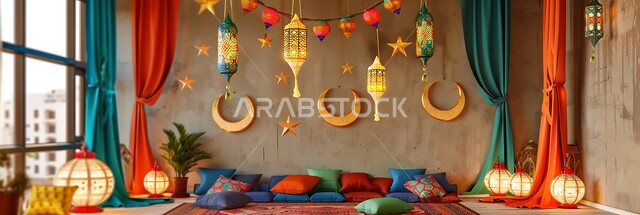 غرفة مزينة بتحف و اكسسوارات مميزة للاحتفال بقدوم شهر الخير, المصابيح المعدنية المعلقة في الأجواء الرمضانية الروحانية, زينة و أنوار شهر رمضان المبارك، مجموعة من الفوانيس العربية التقليدية الملونة المضيئة مع الهلال