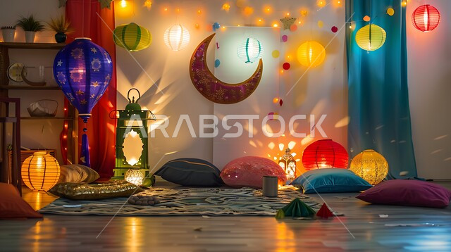 غرفة مزينة بتحف و اكسسوارات مميزة للاحتفال بقدوم شهر الخير, المصابيح المعدنية المعلقة في الأجواء الرمضانية الروحانية, زينة و أنوار شهر رمضان المبارك، مجموعة من الفوانيس العربية التقليدية الملونة المضيئة مع الهلال