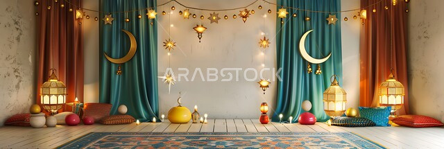 غرفة مزينة بتحف و اكسسوارات مميزة للاحتفال بقدوم شهر الخير, المصابيح المعدنية المعلقة في الأجواء الرمضانية الروحانية, زينة و أنوار شهر رمضان المبارك، مجموعة من الفوانيس العربية التقليدية الملونة المضيئة مع الهلال