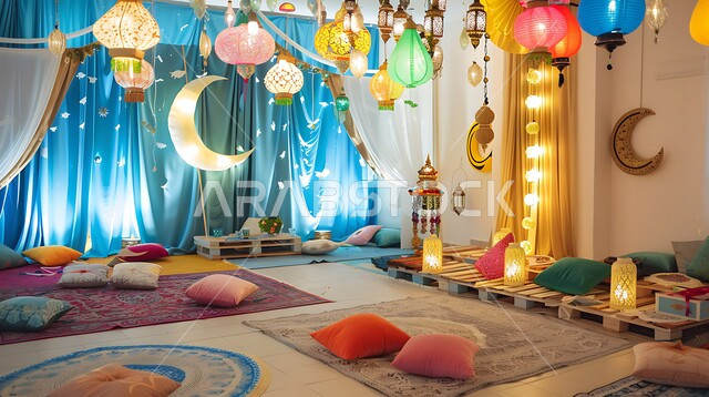 غرفة مزينة بتحف و اكسسوارات مميزة للاحتفال بقدوم شهر الخير, المصابيح المعدنية المعلقة في الأجواء الرمضانية الروحانية, زينة و أنوار شهر رمضان المبارك، مجموعة من الفوانيس العربية التقليدية الملونة المضيئة مع الهلال