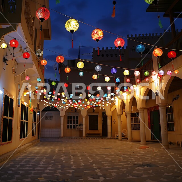Ramadan Mubarak lighting and decorations, celebrating the arrival of the month of goodness and blessings, spiritual religious Ramadan atmosphere, illuminated lamps hanging in the streets, traditional Arabic decorative metal lanterns, traditional Islamic lights, antiques and decorations