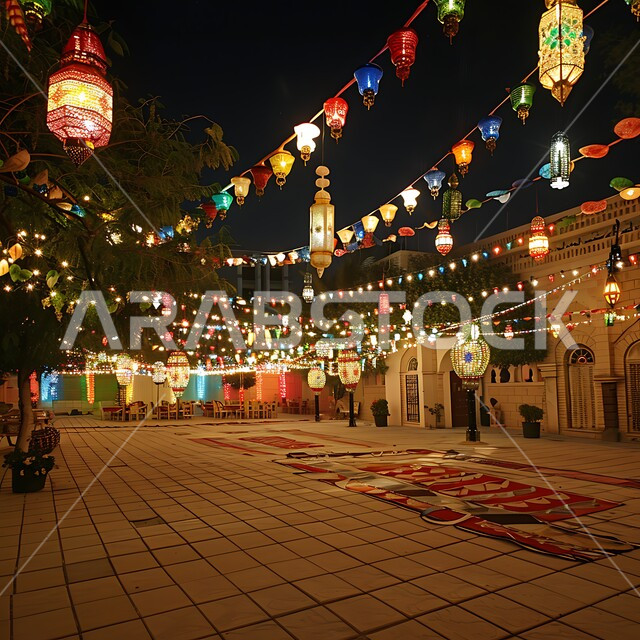 إضاءة وزينة رمضان المبارك، الإحتفال بقدوم شهر الخير والبركة، أجواء رمضانية روحانية دينية، المصابيح المضيئة المعلقة بالشوارع, فوانيس عربية تقليدية معدنية مزخرفة، الأنوار والتحف والديكورات الاسلامية التقليدية
