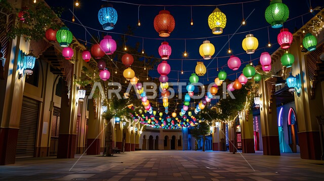 إضاءة وزينة رمضان المبارك، الإحتفال بقدوم شهر الخير والبركة، أجواء رمضانية روحانية دينية، المصابيح المضيئة المعلقة بالشوارع, فوانيس عربية تقليدية معدنية مزخرفة، الأنوار والتحف والديكورات الاسلامية التقليدية