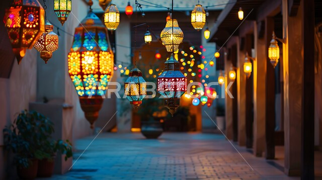  الأنوار والتحف والديكورات الاسلامية التقليدية، إضاءة وزينة رمضان المبارك، الإحتفال بقدوم شهر الخير والبركة، أجواء رمضانية روحانية دينية، المصابيح المضيئة المعلقة بالشوارع, فوانيس عربية تقليدية معدنية مزخرفة