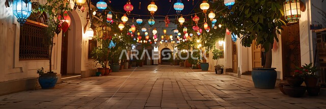 Ramadan Mubarak lighting and decorations, celebrating the arrival of the month of goodness and blessings, spiritual religious Ramadan atmosphere, illuminated lamps hanging in the streets, traditional Arabic decorative metal lanterns, traditional Islamic lights, antiques and decorations