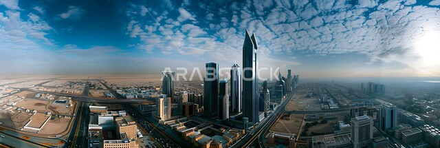The advanced architecture of towers and skyscrapers in Riyadh, famous tourist places and landmarks, traffic movement in the streets, development and growth of engineering construction in the Kingdom of Saudi Arabia, the tourist facade to attract visitors from all over the world
