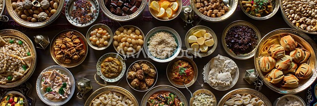 Delicious oriental Arabic dishes, appetizers and dishes, a table of delicious traditional popular foods, the atmosphere of the holy month of Ramadan, restaurants and kitchens in the Kingdom of Saudi Arabia, decorations for Islamic holidays and occasions, a dining table full of various Ramadan meals