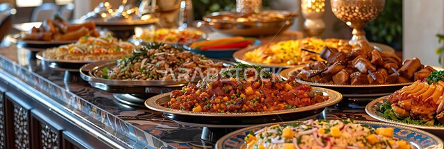  الأصناف و الأطباق والمقبلات العربية الشرقية اللذيذة، سفرة من المأكولات الشعبية التقليدية الشهية، أجواء شهر رمضان المبارك، المطاعم والمطابخ في المملكة العربية السعودية، زينة الأعياد والمناسبات الإسلامية، طاولة طعام مليئة بالوجبات المتنوعة الرمضانية