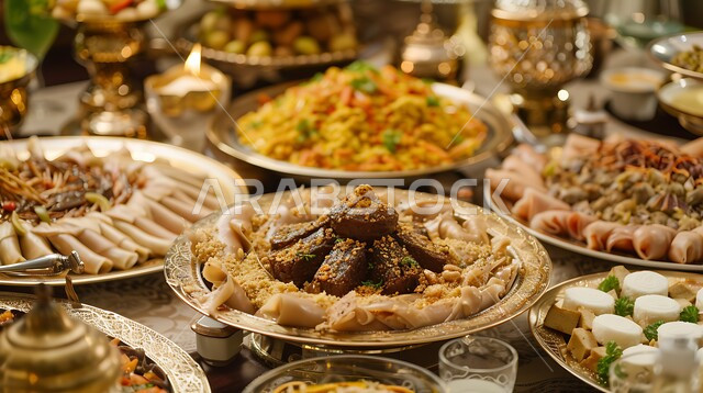  الأصناف و الأطباق والمقبلات العربية الشرقية اللذيذة، سفرة من المأكولات الشعبية التقليدية الشهية، أجواء شهر رمضان المبارك، المطاعم والمطابخ في المملكة العربية السعودية، زينة الأعياد والمناسبات الإسلامية، طاولة طعام مليئة بالوجبات المتنوعة الرمضانية