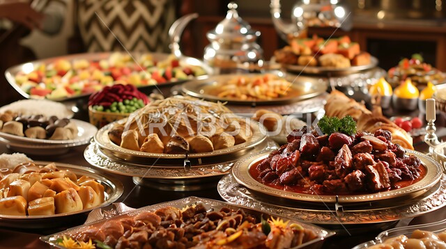 A dining table full of various Ramadan meals, delicious oriental Arabic dishes and appetizers, a table of delicious traditional popular foods, the atmosphere of the holy month of Ramadan, restaurants and kitchens in the Kingdom of Saudi Arabia, decorations for Islamic holidays and occasions