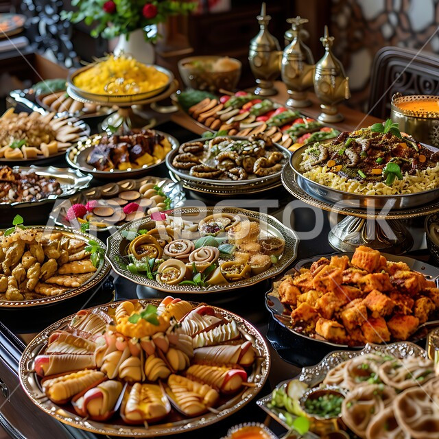 A dining table full of various Ramadan meals, delicious oriental Arabic dishes and appetizers, a table of delicious traditional popular foods, the atmosphere of the holy month of Ramadan, restaurants and kitchens in the Kingdom of Saudi Arabia, decorations for Islamic holidays and occasions