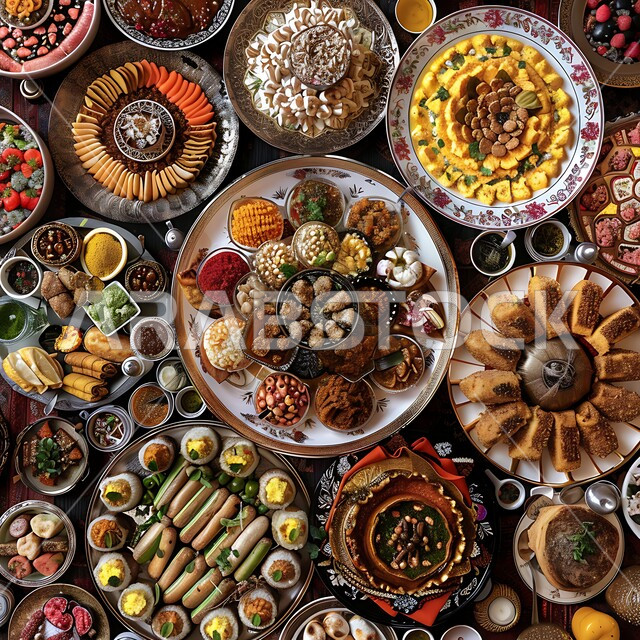 طاولة طعام مليئة بالوجبات المتنوعة الرمضانية، الأصناف و الأطباق والمقبلات العربية الشرقية اللذيذة، سفرة من المأكولات الشعبية التقليدية الشهية، أجواء شهر رمضان المبارك، المطاعم والمطابخ في المملكة العربية السعودية، زينة الأعياد والمناسبات الإسلامية