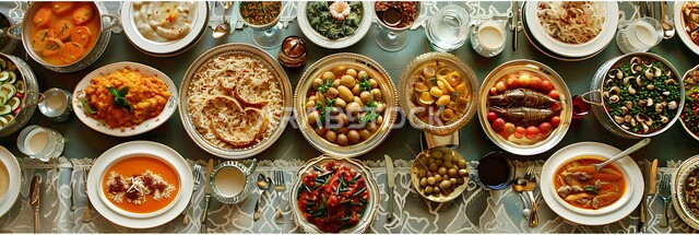 طاولة طعام مليئة بالوجبات المتنوعة الرمضانية، الأصناف و الأطباق والمقبلات العربية الشرقية اللذيذة، سفرة من المأكولات الشعبية التقليدية الشهية، أجواء شهر رمضان المبارك، المطاعم والمطابخ في المملكة العربية السعودية، زينة الأعياد والمناسبات الإسلامية