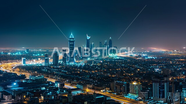 الواجهة السياحية لجذب الزوار من أنحاء العالم, تنمية ونمو البناء الهندسي في المملكة العربية السعودية, الفن المعماري المتطور لآبراج وناطحات السحاب في الرياض, أماكن ومعالم السياحة المشهورة, المباني والمنشآت المضاءة في الليل، حركة مرور السيارات في الشوارع 