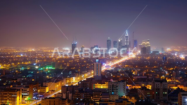 Tourist facade to attract visitors from all over the world, development and growth of engineering construction in the Kingdom of Saudi Arabia, advanced architecture of towers and skyscrapers in Riyadh, famous tourist places and landmarks, buildings and facilities illuminated at night, traffic movement in the streets