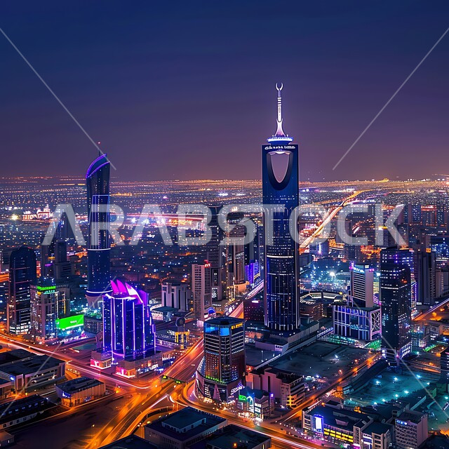 الواجهة السياحية لجذب الزوار من أنحاء العالم, تنمية ونمو البناء الهندسي في المملكة العربية السعودية, الفن المعماري المتطور لآبراج وناطحات السحاب في الرياض, أماكن ومعالم السياحة المشهورة, المباني والمنشآت المضاءة في الليل، حركة مرور السيارات في الشوارع 