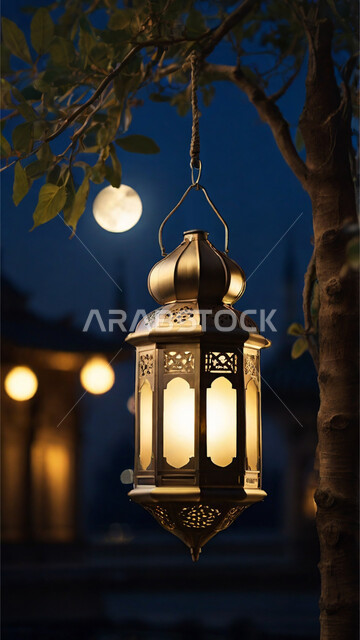 الأجواء الرمضانية الروحانية، تحف و اكسسوارات مميزة للاحتفال بقدوم شهر الخير، زينة و أنوار شهر رمضان المبارك، فانوس عربي تقليدي مضيء، صورة مقربة لمصباح معدني معلق