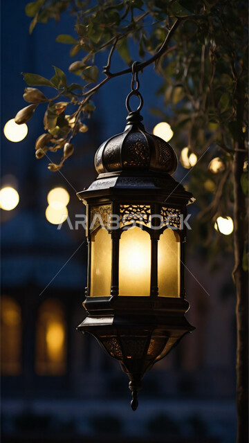 أنوار وزينة شهر رمضان المبارك، الأجواء الرمضانية الروحانية، تحف و اكسسوارات مميزة للاحتفال بقدوم شهر الخير، فانوس عربي تقليدي مضيء، صورة مقربة لمصباح معدني معلق