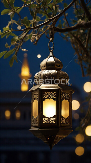 زينة و أنوار شهر رمضان المبارك، الأجواء الرمضانية الروحانية، تحف و اكسسوارات مميزة للاحتفال بقدوم شهر الخير، فانوس عربي تقليدي مضيء، صورة مقربة لمصباح معدني معلق