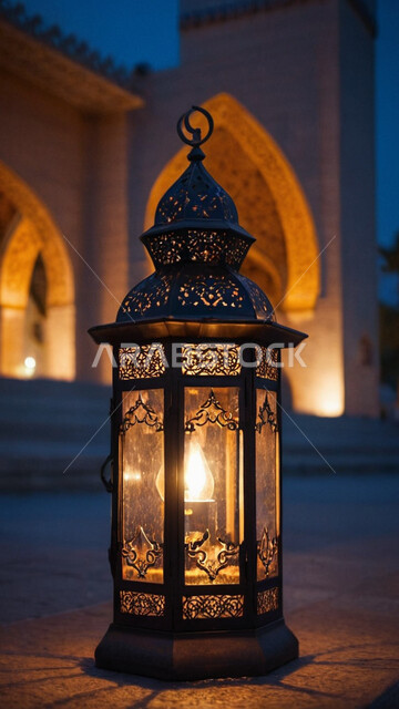 زينة و أنوار شهر رمضان المبارك، الأجواء الرمضانية الروحانية، تحف و اكسسوارات مميزة للاحتفال بقدوم شهر الخير، فانوس عربي تقليدي مضيء، صورة مقربة لمصباح معدني