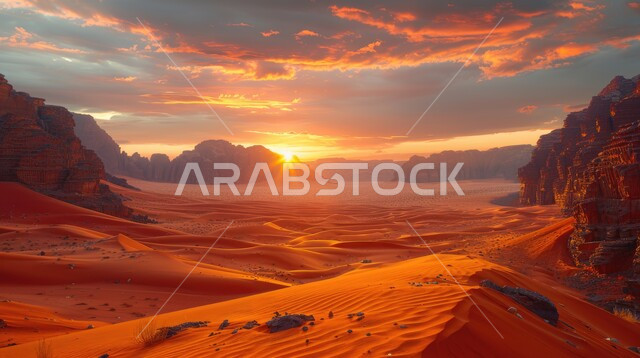 القمم الجبلية و التضاريس و المرتفعات في البراري وقت غروب الشمس، التلال و الهضاب من الرمال الناعمة الذهبية، التكوينات والتشكلات الرملية في صحراء المملكة العربية السعودية، مناطق البادية والبيئة الطبيعية الصحراوية, خلفية الطبيعة