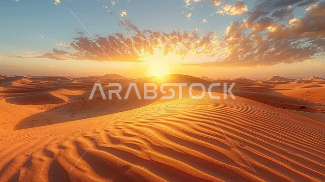 التلال و الهضاب من الرمال الناعمة الذهبية، التكوينات والتشكلات الرملية في صحراء المملكة العربية السعودية، التضاريس و المرتفعات والقمم الجبلية في البراري وقت غروب الشمس، مناطق البادية والبيئة الطبيعية الصحراوية, خلفية الطبيعة