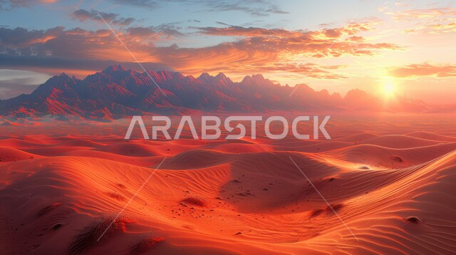 التلال و الهضاب من الرمال الناعمة الذهبية، التكوينات والتشكلات الرملية في صحراء المملكة العربية السعودية، التضاريس و المرتفعات والقمم الجبلية في البراري وقت غروب الشمس، مناطق البادية والبيئة الطبيعية الصحراوية, خلفية الطبيعة
