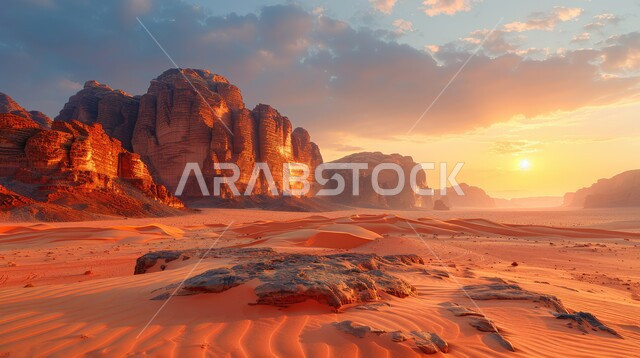  التكوينات والتشكلات الرملية في صحراء المملكة العربية السعودية، التضاريس و المرتفعات والقمم الجبلية في البراري وقت غروب الشمس، مناطق البادية والبيئة الطبيعية الصحراوية, الهضاب و التلال من الرمال الناعمة الذهبية، خلفية الطبيعة