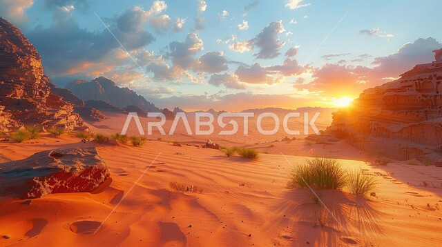 التضاريس و المرتفعات والقمم الجبلية في البراري وقت غروب الشمس، مناطق البادية والبيئة الطبيعية الصحراوية, الهضاب و التلال من الرمال الناعمة الذهبية، التكوينات والتشكلات الرملية في صحراء المملكة العربية السعودية، خلفية الطبيعة