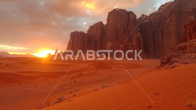 التضاريس و المرتفعات والقمم الجبلية في البراري وقت غروب الشمس، مناطق البادية والبيئة الطبيعية الصحراوية, الهضاب و التلال من الرمال الناعمة الذهبية، التكوينات والتشكلات الرملية في صحراء المملكة العربية السعودية، خلفية الطبيعة