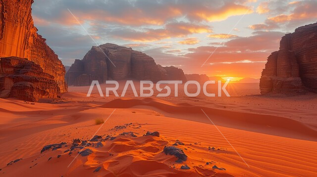 مناطق البادية والبيئة الطبيعية الصحراوية, الهضاب و التلال من الرمال الناعمة الذهبية، التكوينات والتشكلات الرملية في صحراء المملكة العربية السعودية، المرتفعات و التضاريس والقمم الجبلية في البراري وقت غروب الشمس، خلفية الطبيعة