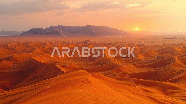 مناطق البادية والبيئة الطبيعية الصحراوية, الهضاب و التلال من الرمال الناعمة الذهبية، التكوينات والتشكلات الرملية في صحراء المملكة العربية السعودية، المرتفعات و التضاريس والقمم الجبلية في البراري وقت غروب الشمس، خلفية الطبيعة