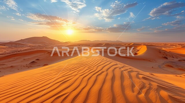 الهضاب و التلال من الرمال الناعمة الذهبية، التكوينات والتشكلات الرملية في صحراء المملكة العربية السعودية، مناطق البادية والبيئة الطبيعية الصحراوية, المرتفعات و التضاريس والقمم الجبلية في البراري وقت غروب الشمس، خلفية الطبيعة