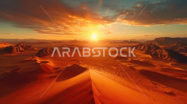 الهضاب و التلال من الرمال الناعمة الذهبية، التكوينات والتشكلات الرملية في صحراء المملكة العربية السعودية، مناطق البادية والبيئة الطبيعية الصحراوية, المرتفعات و التضاريس والقمم الجبلية في البراري وقت غروب الشمس، خلفية الطبيعة