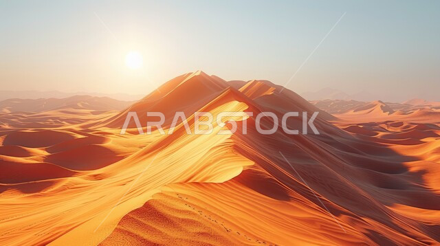 مناطق البادية والبيئة الطبيعية الصحراوية, التكوينات والتشكلات الرملية في صحراء المملكة العربية السعودية، التضاريس و المرتفعات والقمم الجبلية في البراري وقت غروب الشمس، الهضاب و التلال من الرمال الناعمة الذهبية، خلفية الطبيعة