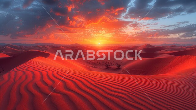 مناطق البادية والبيئة الطبيعية الصحراوية, التكوينات والتشكلات الرملية في صحراء المملكة العربية السعودية، التضاريس و المرتفعات والقمم الجبلية في البراري وقت غروب الشمس، الهضاب و التلال من الرمال الناعمة الذهبية، خلفية الطبيعة
