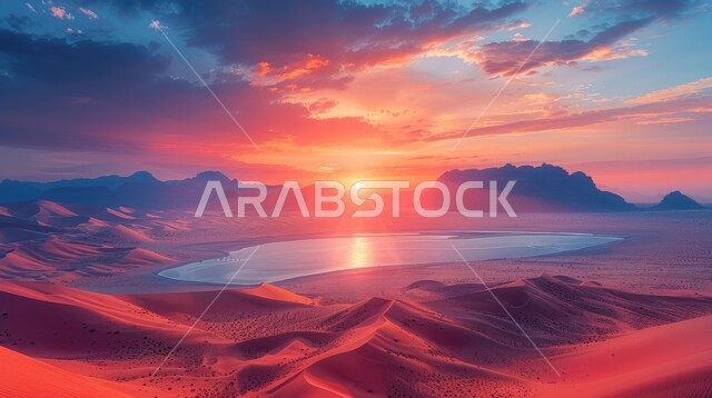 Badia regions and the natural desert environment, sand formations and formations in the desert of the Kingdom of Saudi Arabia, terrain, heights and mountain peaks in the prairies at sunset, plateaus and hills of soft golden sand, nature background