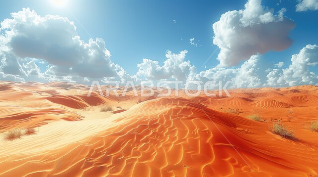 المرتفعات و التضاريس والقمم الجبلية في البراري، التلال و الهضاب من الرمال الناعمة الذهبية، مناطق البادية والبيئة الطبيعية الصحراوية في وقت النهار ,التكوينات والتشكلات الرملية في صحراء المملكة العربية السعودية، خلفية الطبيعة
