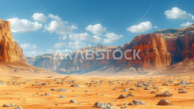 Highlands, terrain, mountain peaks in the prairies, rock formations and formations in the desert of the Kingdom of Saudi Arabia, desert regions and the natural desert environment in the daytime, plateaus and hills of soft golden sand, nature background
