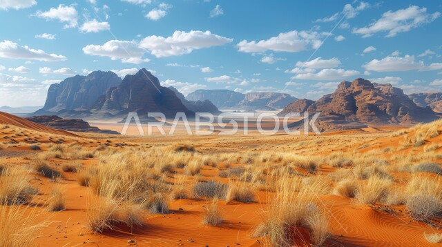 التكوينات و التشكيلات الصخرية في صحراء المملكة العربية السعودية، مناطق البادية والبيئة الطبيعية الصحراوية في وقت النهار ,الهضاب و التلال من الرمال الناعمة الذهبية، المرتفعات و التضاريس والقمم الجبلية في البراري، خلفية الطبيعة