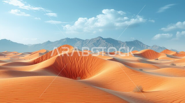 Sand formations and formations in the desert of the Kingdom of Saudi Arabia, highlands and terrain, mountain peaks in the prairies, hills and plateaus of soft golden sand, desert areas and the natural desert environment in the daytime, nature background